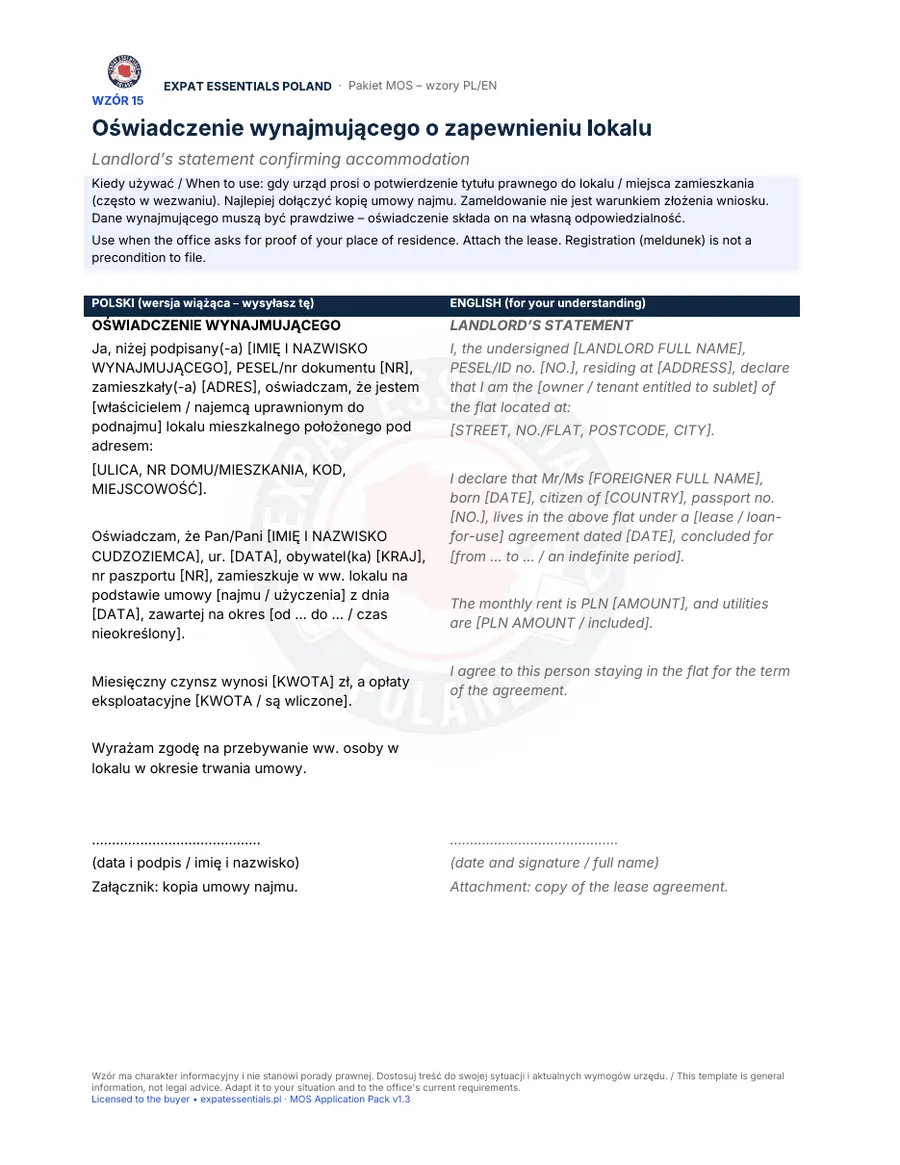 Letter template 15: landlord statement confirming accommodation, Polish binding text with English translation